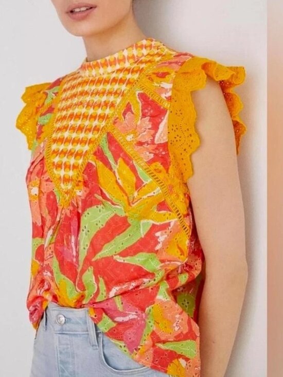 Anthropologie Tops - Anthropologie Verb by Pallavi Singhee Eyelet Lace Vibrant Floral Print Blouse M
